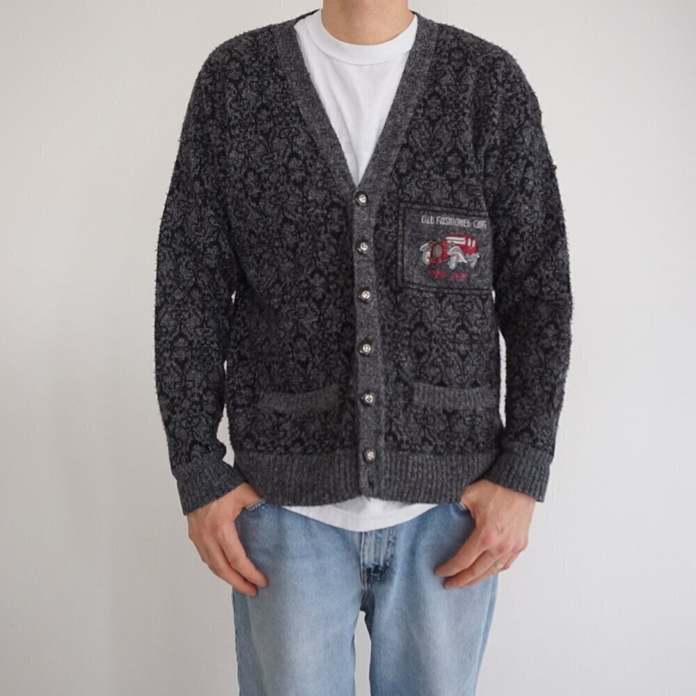 VTG 80S Alex Tricot Black Gray Classic Car Eclectic Button Up Cardigan Sweater L